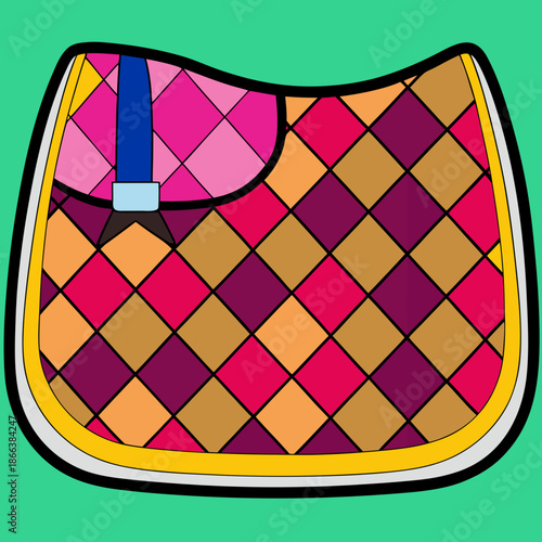 A brightly patterned polo saddle pad against a teal background
