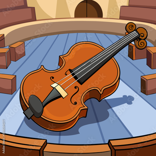 A Cartoon Violin Resting On A Stage In A Concert Hall