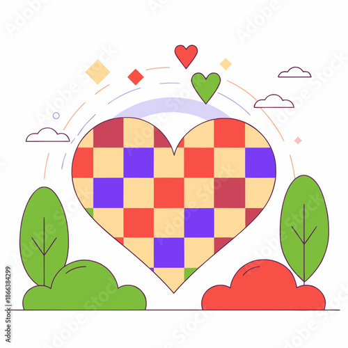 A colorful checkered heart with abstract surrounding elements