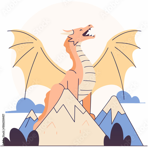 A Dragon roaring on mountain tops against bright skies