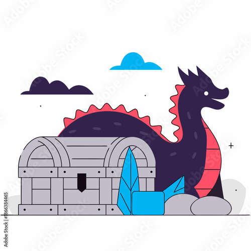 A Friendly Dragon Guarding a Treasure Chest Illustration