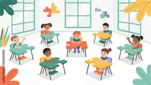 A colorful illustration of children sitting at desks in a classroom with puzzle pieces on the tables