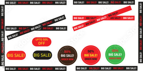 Big Sale and Discount Promotion Tape Banner Set – Retail Marketing Graphics for E-commerce Advertising Campaigns and Seasonal Sales Design Projects.