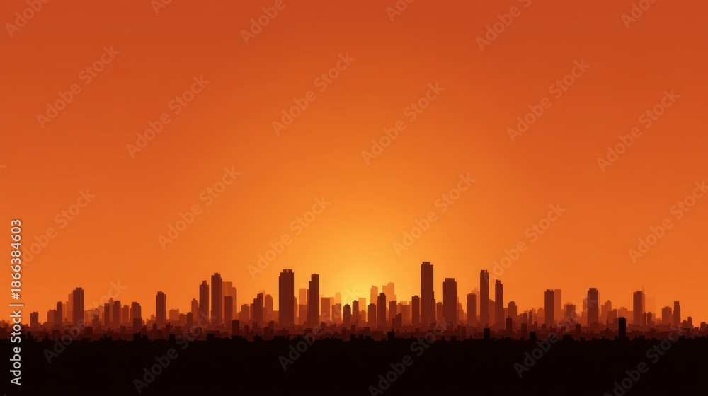 Obraz premium Modern City Skyline Silhouette at Sunset Over Urban Landscape with Tall Buildings Against Vibrant Orange Sky
