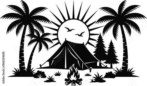Camping adventure silhouette vector, tent campfire palm trees forest with sun and birds, outdoor travel nature illustration
