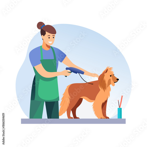 A happy groomer giving a haircut to a fluffy dog