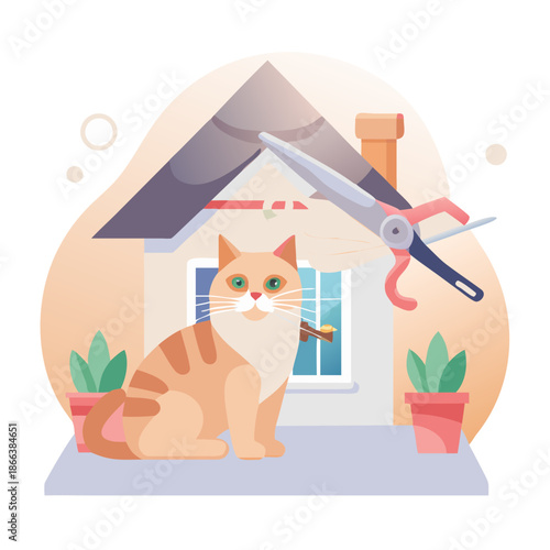 A happy orange cat getting its fur groomed outside its house