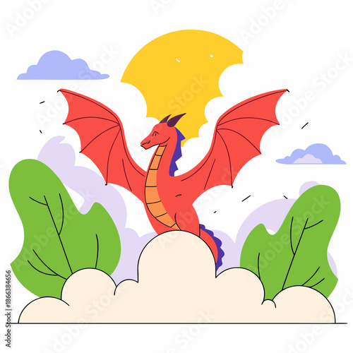 A happy red cartoon dragon flying above white clouds