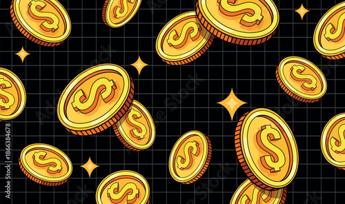 Y2k coins. Falling dollar gold coin grid background flying money cash rain retro video game bonus crypto investment concept golden token casino win jackpot neat vector illustration