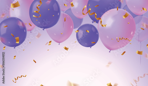 Realistic balloons confetti. Colorful flying balloon background frame, birthday party celebration decoration banner anniversary christmas new year event, exact vector illustration