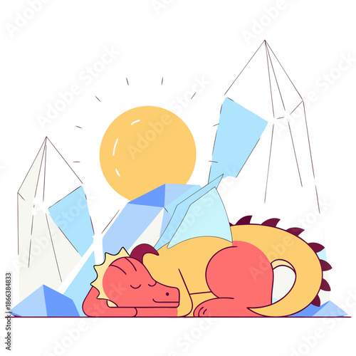 A sleeping dragon beside crystals with the sun shining