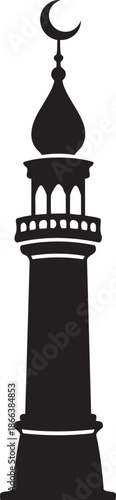 Islamic Minaret Silhouette with Crescent Moon Finial Representing Mosque Architecture