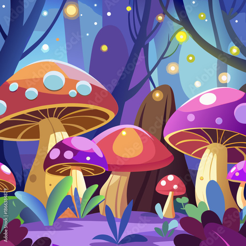 A whimsical scene with colorful glowing mushrooms in a forest