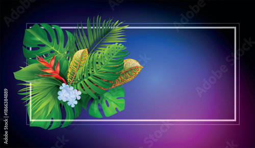 Exotic leaves neon background. Realistic monstera tropical leaf black luxury banner, hawaiian dark jungle palm leafs floral nature beauty or disco party frame vector illustration