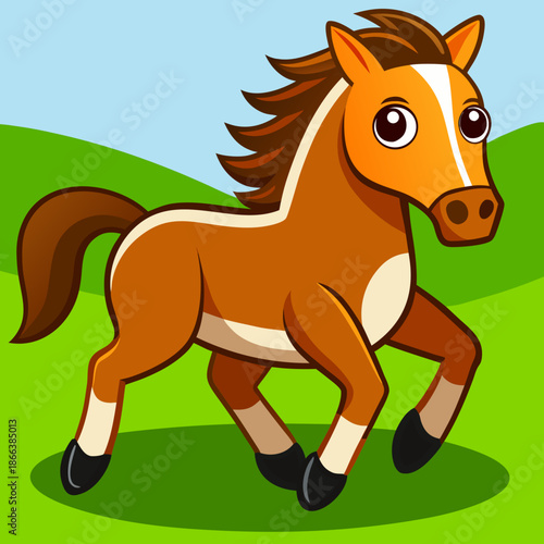 Cartoon Horse running across a green grassy field