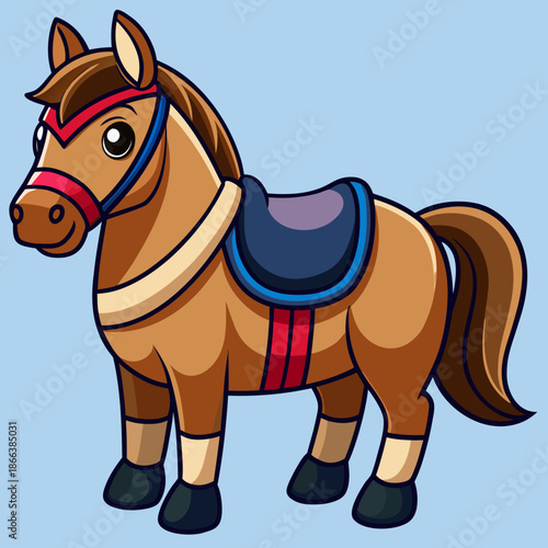 Cartoon horse with saddle ready to play the polo game
