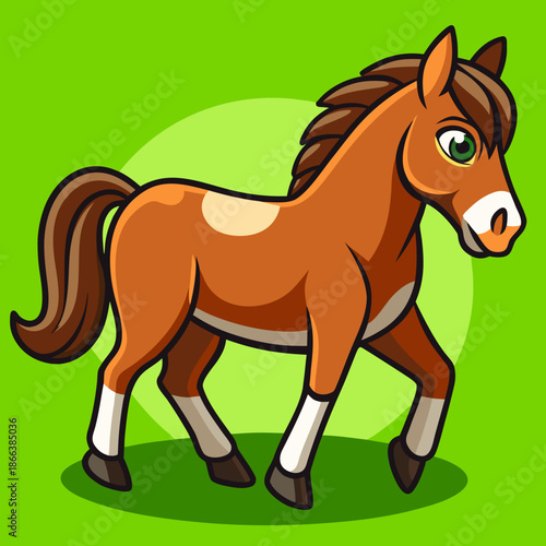 Cartoon Horse Walking Calmly Against Green Background