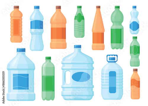Mineral water packaging. Plastic bottles different shape volume empty labels, drink beverage transparent storage liquid container delivery pack product set neat vector illustration