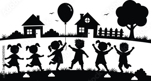 Children playing silhouette, outdoor fun scene, happy kids vector, community life illustration, black house background, balloon, birds, tree
