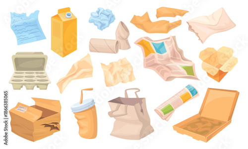 Paper waste. Recycle trash, sorted garbage cardboard boxes crumpled papers crush coffee cups newspaper notebook recycling paperwaste post disposal rubbish, neat vector illustration