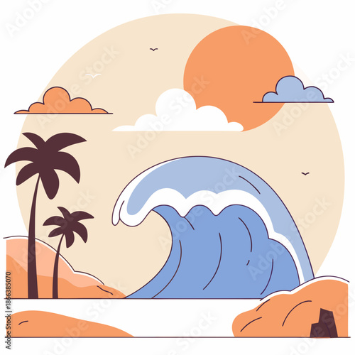 Cartoon Ocean Wave Breaking on Sandy Beach with Palm Trees