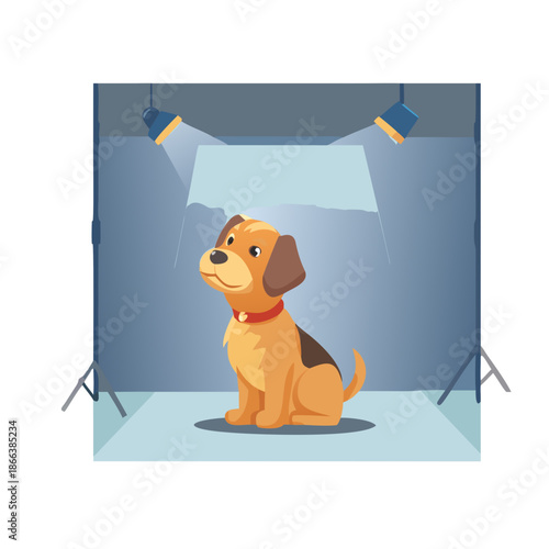 Cute cartoon puppy with collar sitting on studio stage