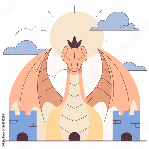 Cute dragon with a crown in front of a castle