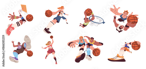 Basketball players jump. Athlete throwing ball in basket, slam dunk professional sport team young player guy game play defense pose, game characters set classy vector illustration