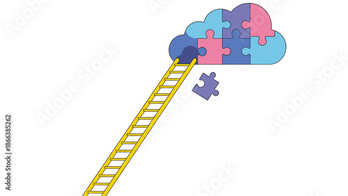 A colorful vector graphic of a ladder leading to a puzzle cloud with a missing piece