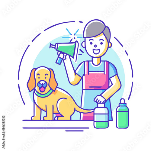 Groomer spraying perfume on a dog with a happy expression