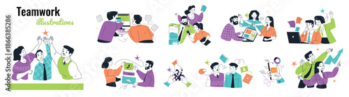 Office teamwork scenes. Work team communication, corporate meeting company discuss business organisation employees group conversation, presentation icon classy vector illustration