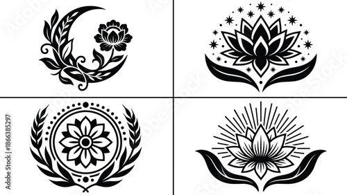 Floral lotus emblem collection, ornamental botanical symbols set, spiritual yoga icons, decorative boho nature logo designs