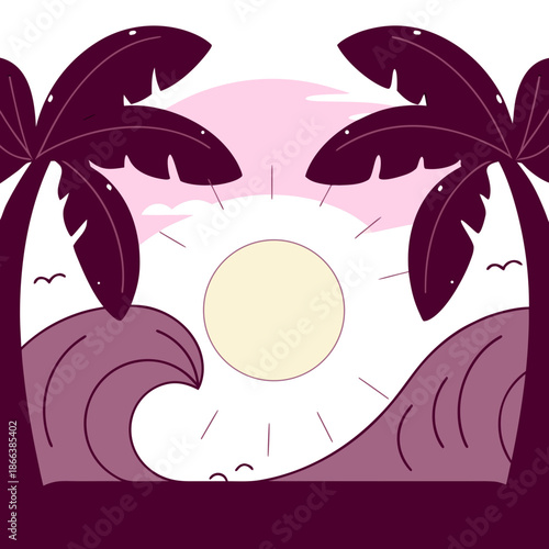 Minimalist beach scene with waves sun and palm trees