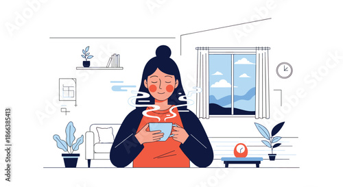 Peaceful young woman enjoying a warm cup of steaming tea or coffee while sitting in her cozy living room during a quiet afternoon at home.