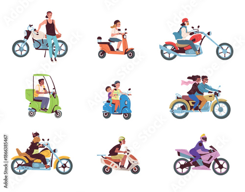 People ride motorcycle. Cartoon motorcyclist characters, family on scooter electric bike motorcycle delivery transport moto drivers travel motorbike, classy vector illustration