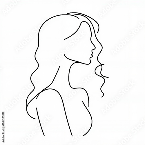 Minimalist line drawing of a woman with wavy hair in profile  
