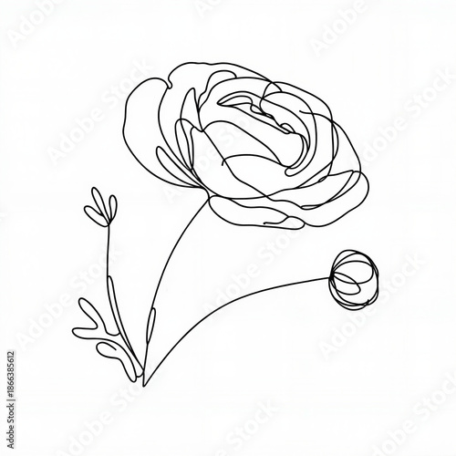 Line art of a flower with leaves on a white background  