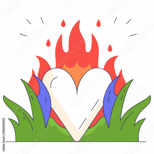 Stylized heart burning in flame against a white background