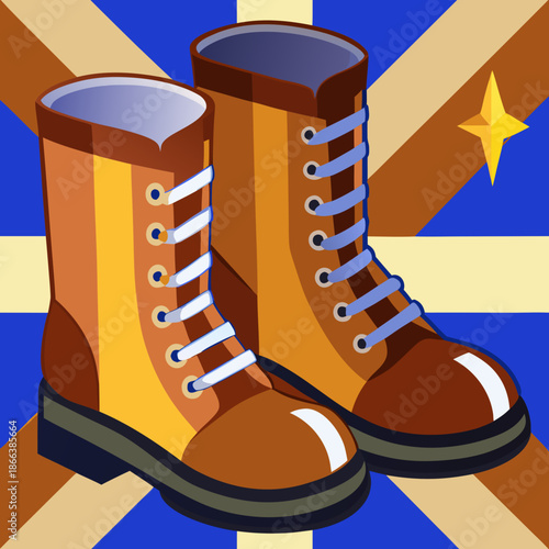 Two brown leather boots with white and blue laces