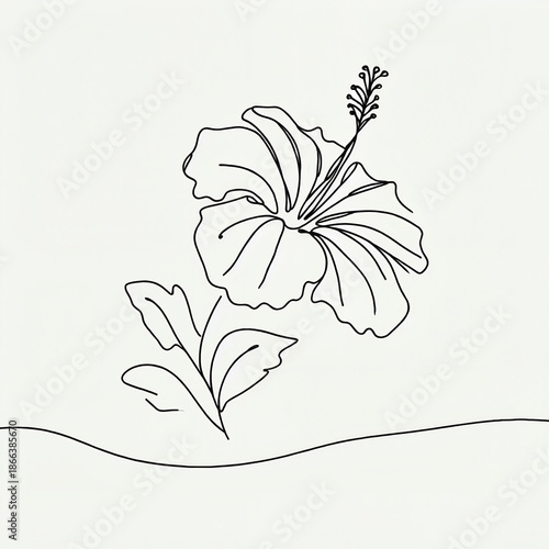 Minimalist line drawing of hibiscus flower and leaves  
