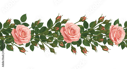 Beautiful floral border composed of blooming pink roses green leaves and many small flower buds on long stems against a solid white background.