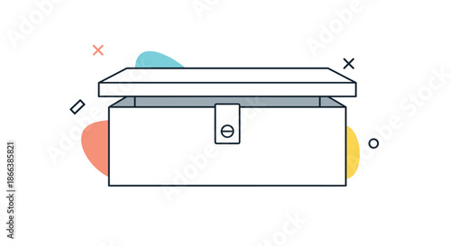 Simple outline drawing of an open wooden treasure chest or storage box with a small latch and decorative geometric shapes in the background.