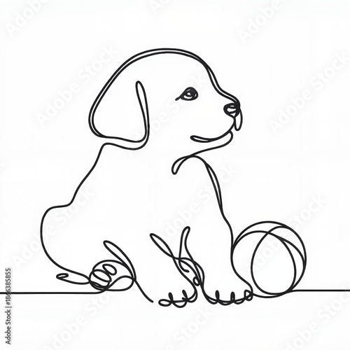 Line drawing of a playful puppy sitting by a ball  