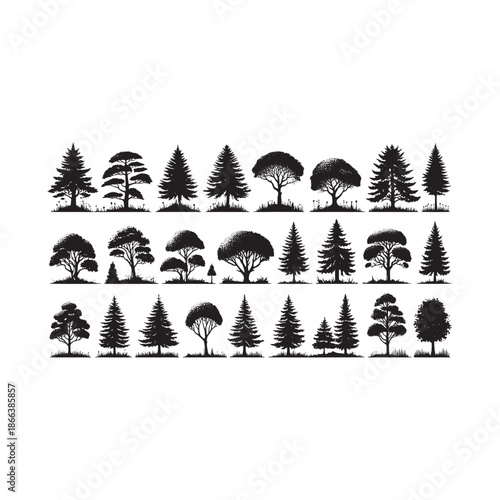 Collection of various tree silhouettes against a white background
