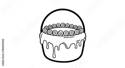Black and white line art drawing of a decorated cake with icing swirls and a handle resembling a festive basket for coloring or design work.