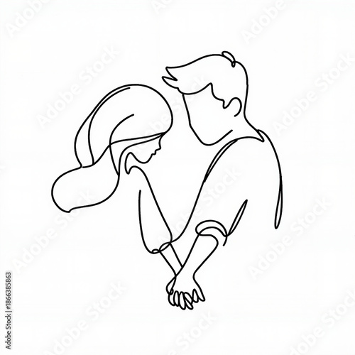 Abstract line art of couple holding hands in intimate pose  