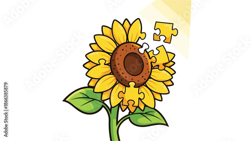 A vector graphic illustration of a sunflower with puzzle pieces