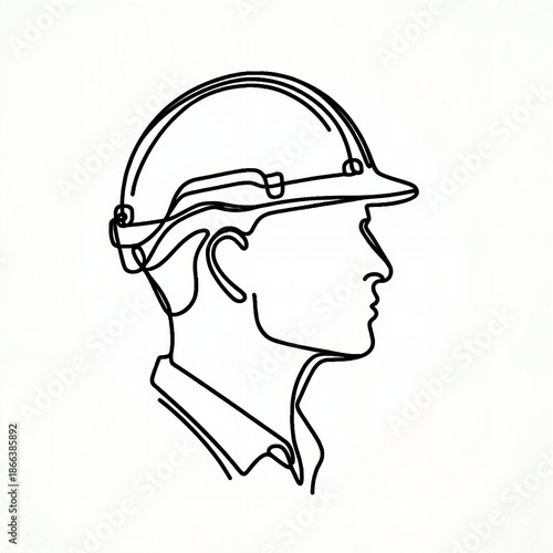 Outline of a construction worker wearing a hard hat in profile  