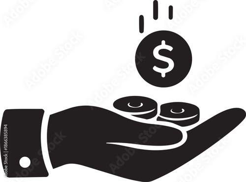 Hand Holding Dollar Coins Silhouette, Zakat and Alms Giving Charity Concept Vector Icon