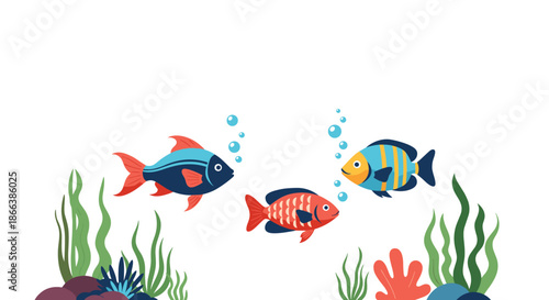 Three vibrant tropical fish in shades of blue and red swimming above a colorful coral reef with rising air bubbles on a clean white backdrop.